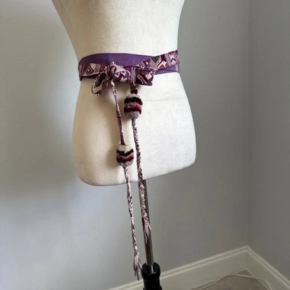 Woven‎ Fabric Belt Sash Aztec Geometric Purple Boho Hippie Pom Pom Tie Belt - Picture 6 of 9